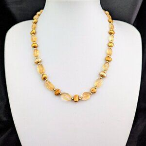 Vintage 14k Yellow Gold Golden Citrine Gold Pearl Bead Necklace Estate 18" Long